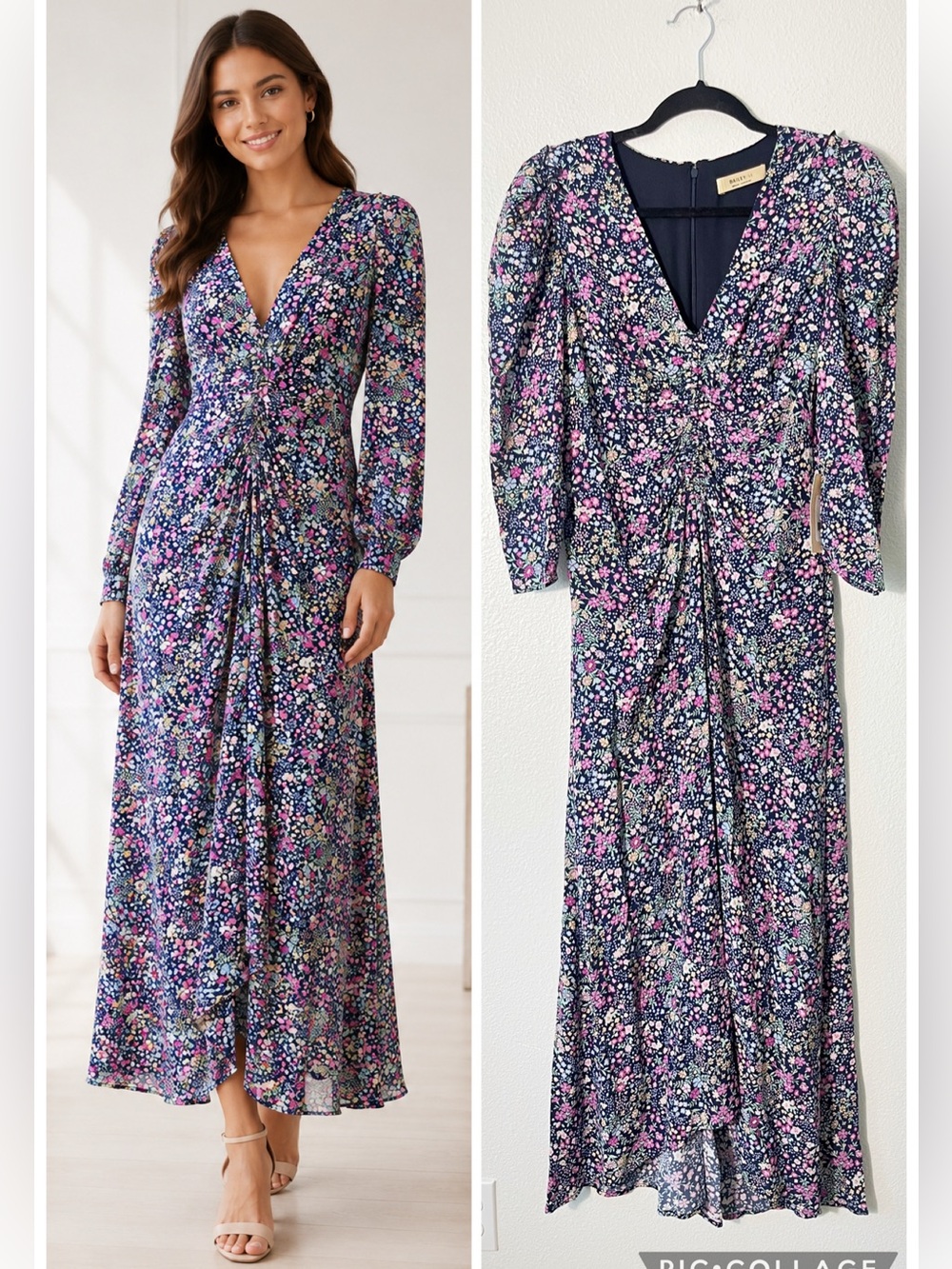 Bailey 44 Jasper Print Dress Floral V-Neck Maxi Midi Puffer Sleeves Medium NEW